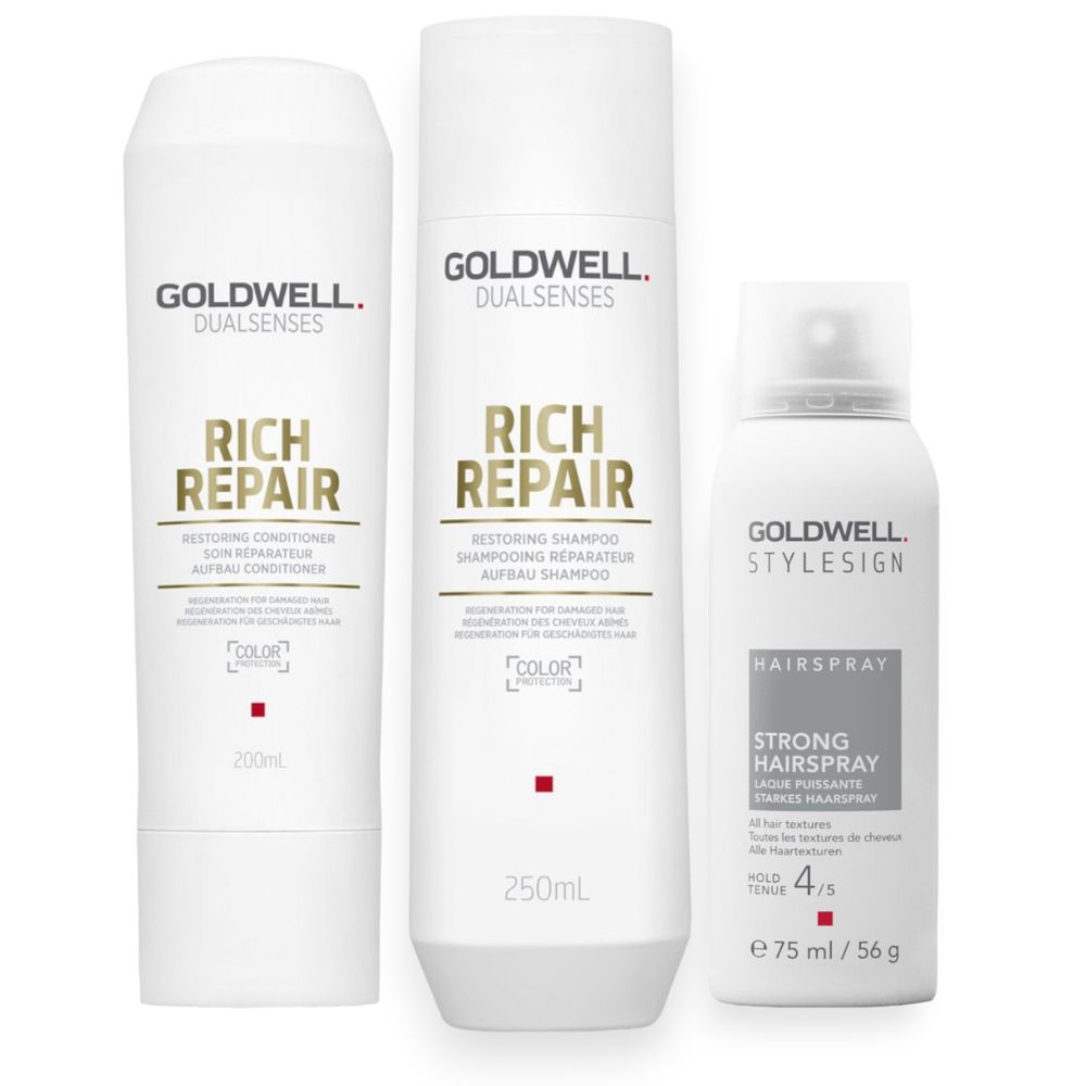Goldwell Dualsenses Rich Repair Restoring Set - Shampoing 250 ml + Après-shampooing 200 ml + Laque gratuite