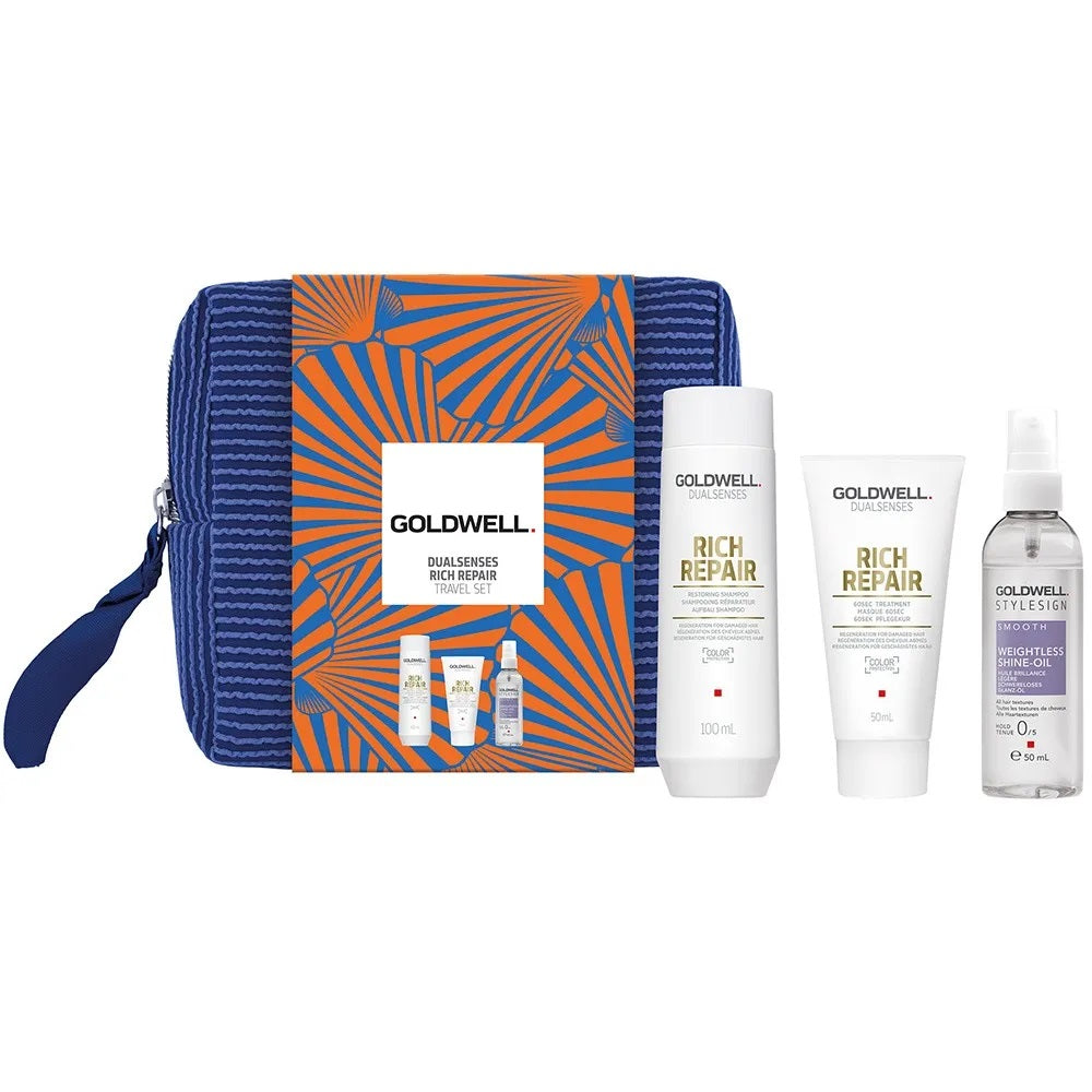 Goldwell Dualsenses Rich Repair Travel Set - Shampoo 100 ml + Treatment 50ml + Smooth Oil 50 ml + free cosmetic bag