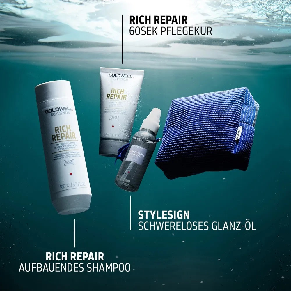 Goldwell Dualsenses Rich Repair Travel Set - Shampoo 100 ml + Treatment 50ml + Smooth Oil 50 ml + free cosmetic bag