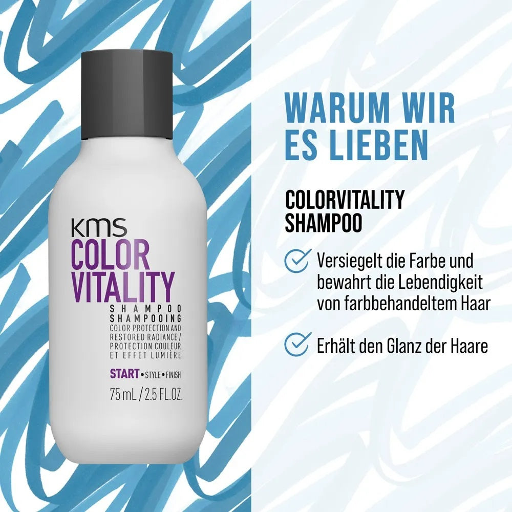 Coffret de voyage KMS Colorvitality : shampoing 75 ml, après-shampoing 75 ml, brushing rapide 75 ml, trousse de maquillage