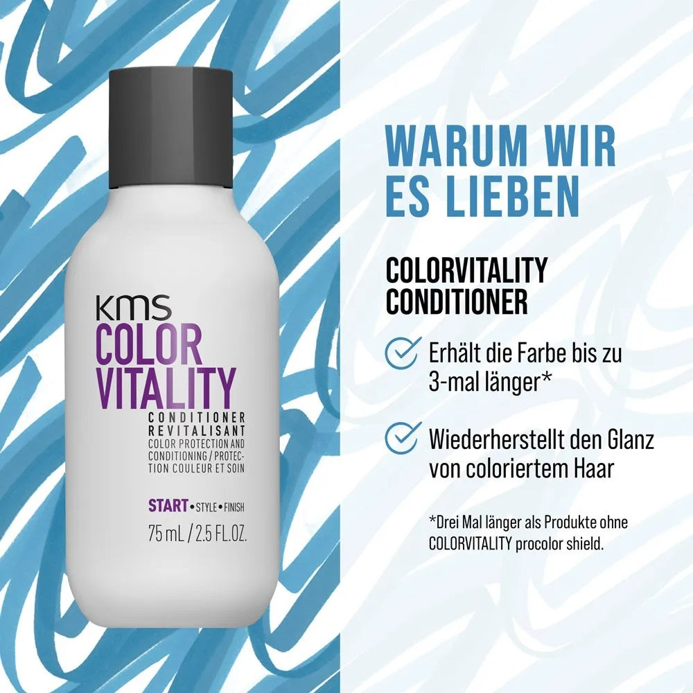 Coffret de voyage KMS Colorvitality : shampoing 75 ml, après-shampoing 75 ml, brushing rapide 75 ml, trousse de maquillage