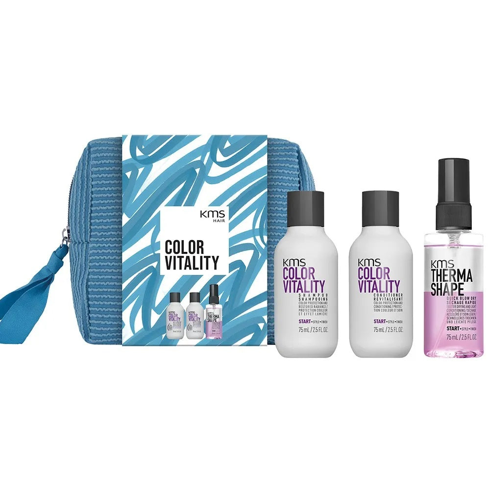 Coffret de voyage KMS Colorvitality : shampoing 75 ml, après-shampoing 75 ml, brushing rapide 75 ml, trousse de maquillage