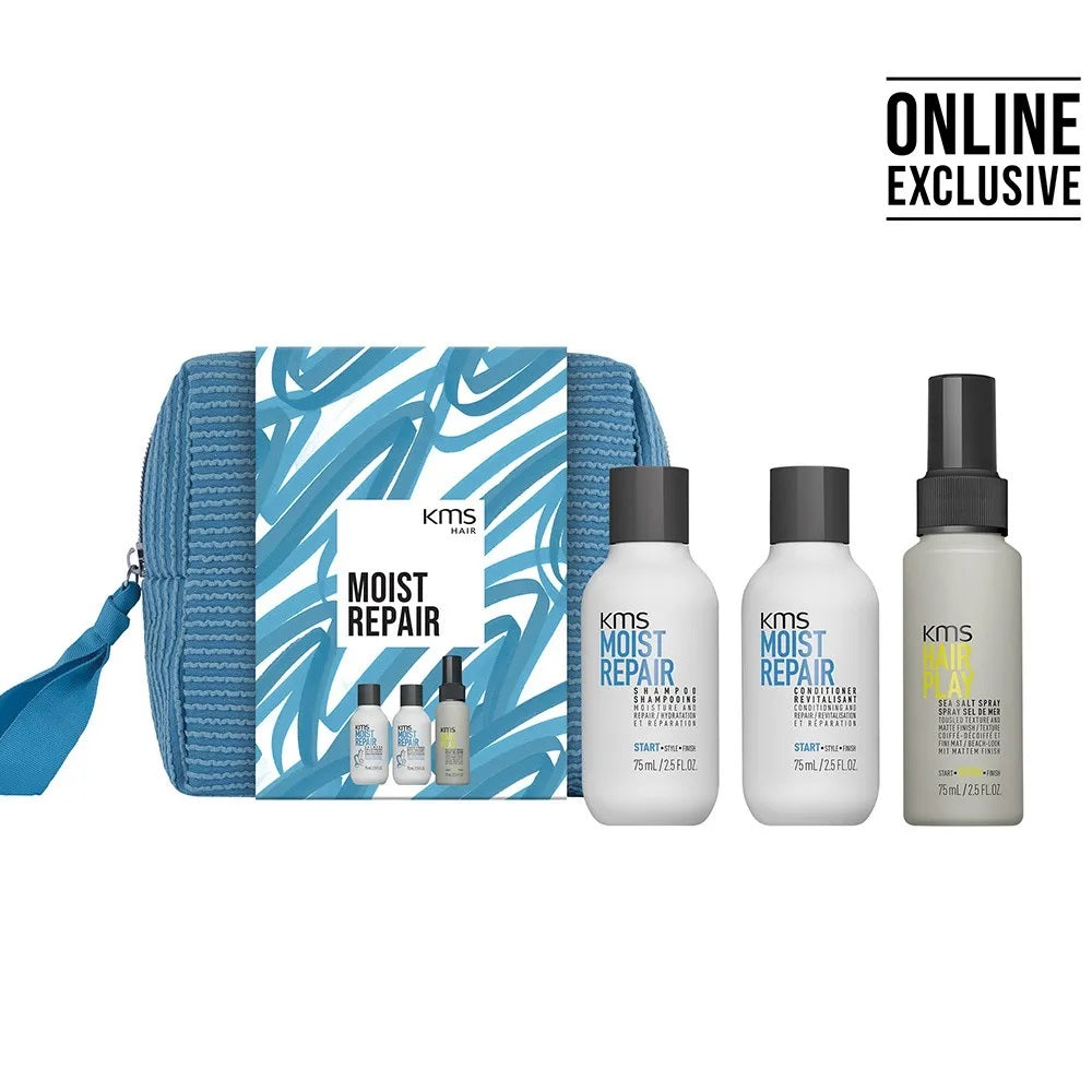 KMS Moistrepair Travel Set - Shampoo 75 ml + Conditioner 75 ml + Sea Salt Spray 75 ml + Cosmetic Bag
