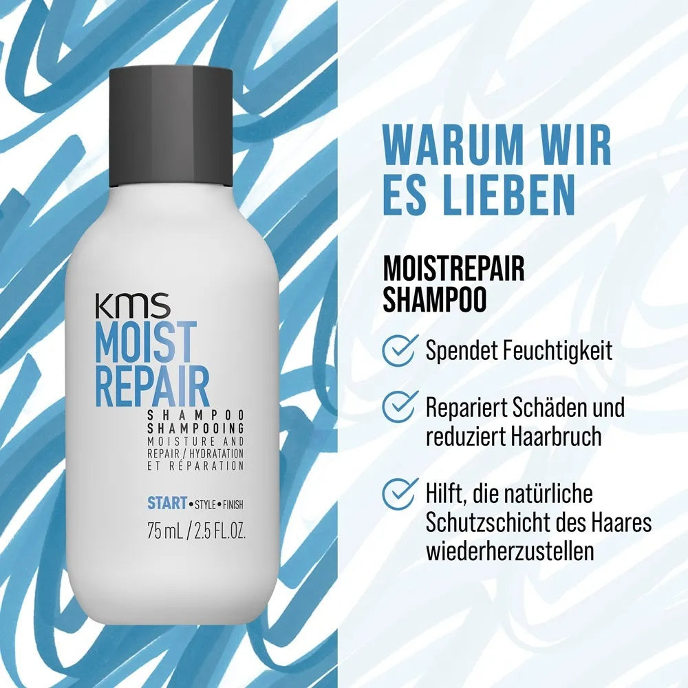 KMS Moistrepair Travel Set - Shampoo 75 ml + Conditioner 75 ml + Sea Salt Spray 75 ml + Cosmetic Bag