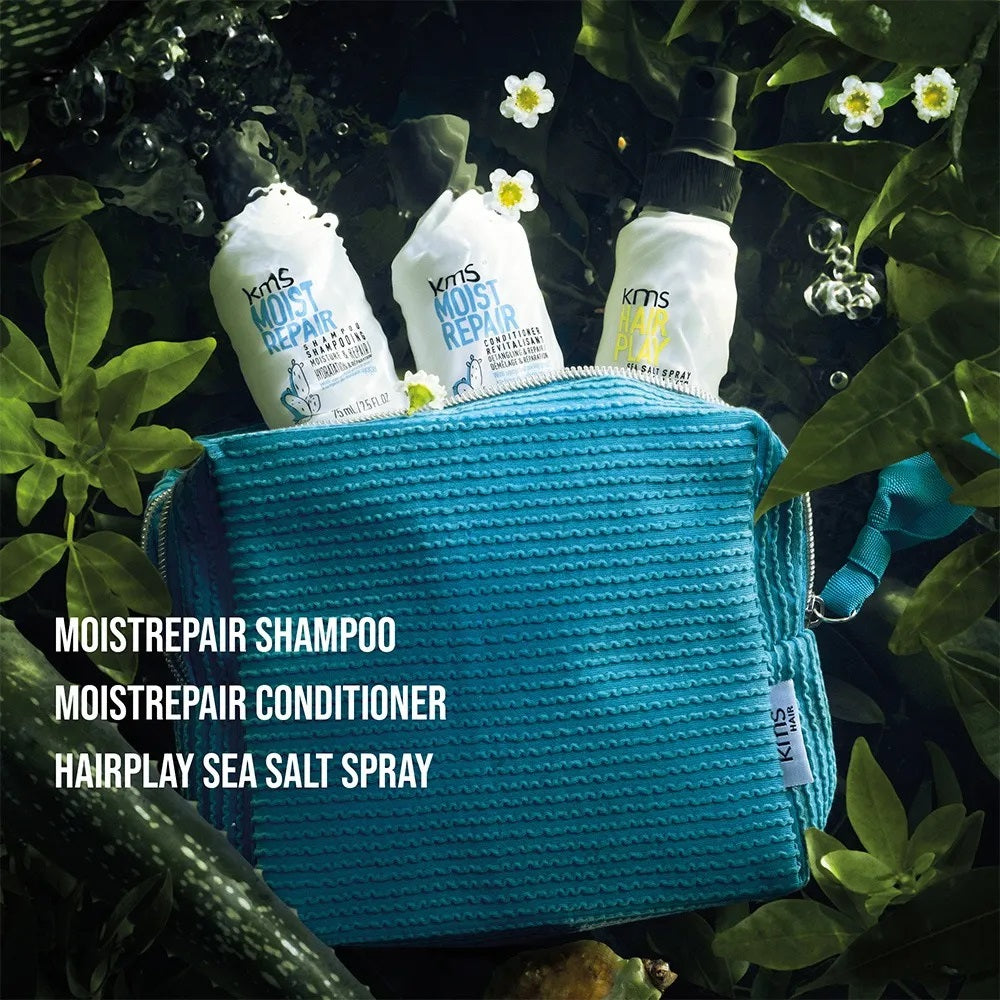 KMS Moistrepair Travel Set - Shampoo 75 ml + Conditioner 75 ml + Sea Salt Spray 75 ml + Cosmetic Bag