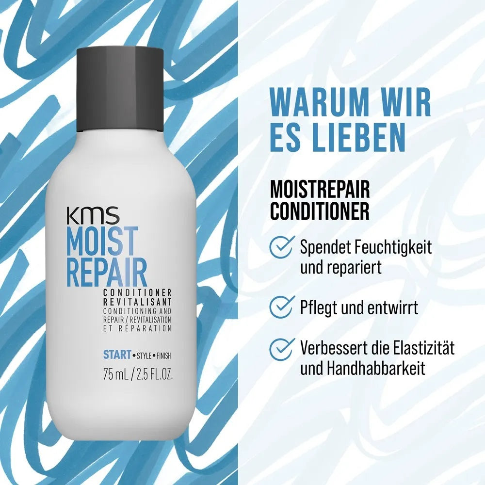 KMS Moistrepair Travel Set - Shampoo 75 ml + Conditioner 75 ml + Sea Salt Spray 75 ml + Cosmetic Bag