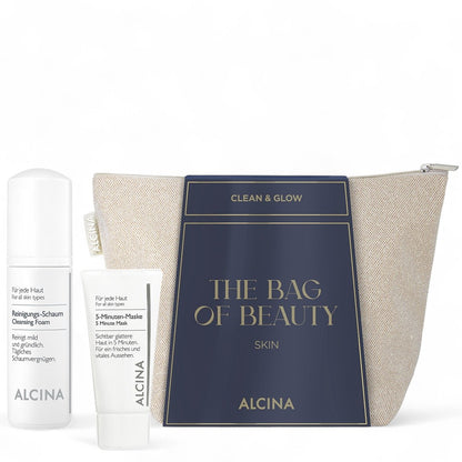 Alcina Geschenkset Clean & Glow – Reinigungsschaum 150 ml + 5-Minuten-Maske 50 ml + Tasche