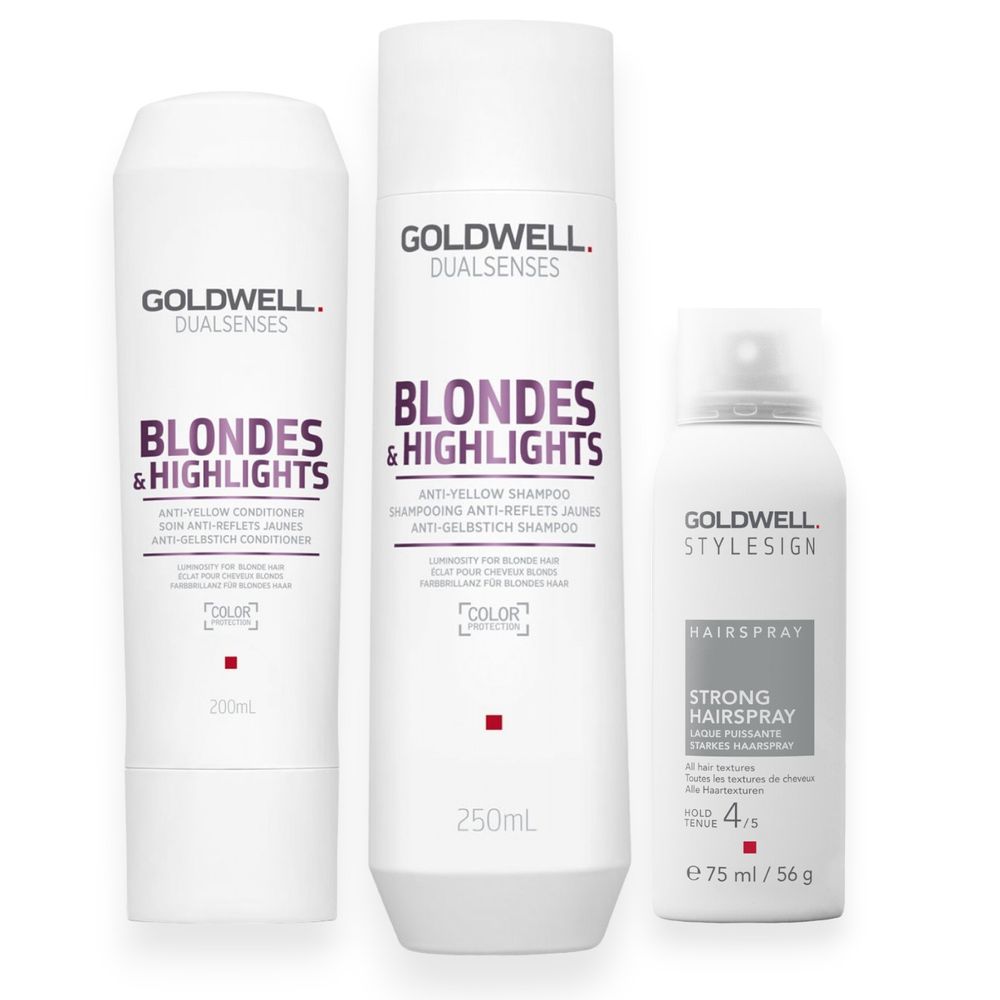 Goldwell Dualsenses Blondes &amp; Highlights Set - Shampoing 250 ml + Après-shampooing 200 ml + Laque gratuite