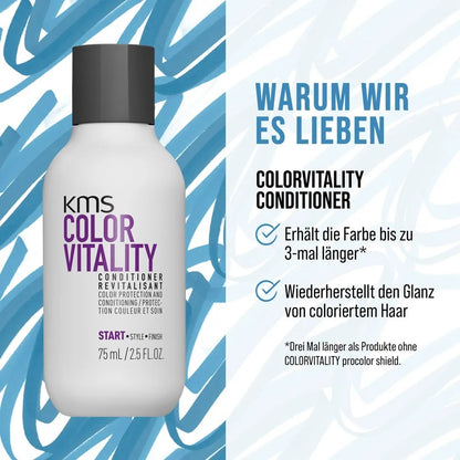 Coffret de voyage KMS Colorvitality : shampoing 75 ml, après-shampoing 75 ml, brushing rapide 75 ml, trousse de maquillage
