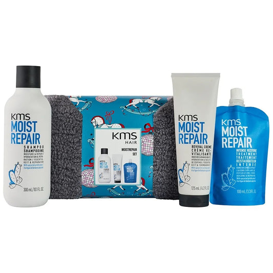 KMS Moistrepair Geschenkset - Shampoo 300 ml + Treatment 100 ml + Revival Cream 125 ml + Kosmetiktasche