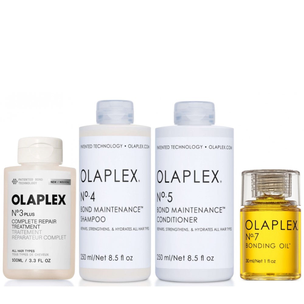 Ensemble Olaplex - Perfecteur de cheveux No. 3 + Shampoing n° 4 + Conditionneur No. 5 + Huile de liaison n°7 