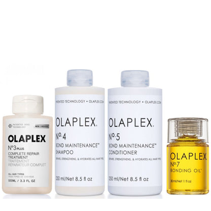 Ensemble Olaplex - Perfecteur de cheveux No. 3 + Shampoing n° 4 + Conditionneur No. 5 + Huile de liaison n°7 