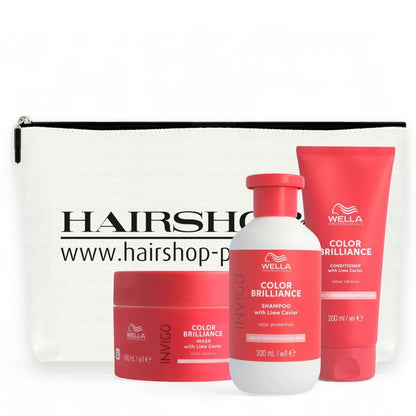 Coffret cadeau Wella Professionals Invigo Color Brilliance : shampoing 300 ml, après-shampoing 200 ml, masque 150 ml et trousse de maquillage