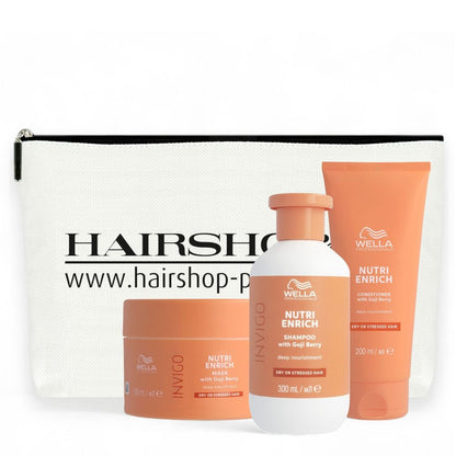 Coffret Wella Professionals Invigo Nutri-Enrich : shampoing 300 ml, après-shampoing 200 ml, masque 150 ml, trousse de toilette