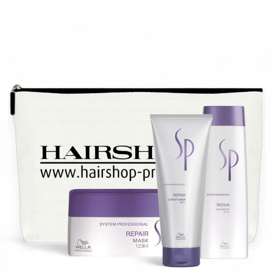 Coffret de réparation professionnel Wella SP System - Shampoing 250 ml + Après-shampoing 200 ml + Masque 200 ml + Trousse de maquillage offerte