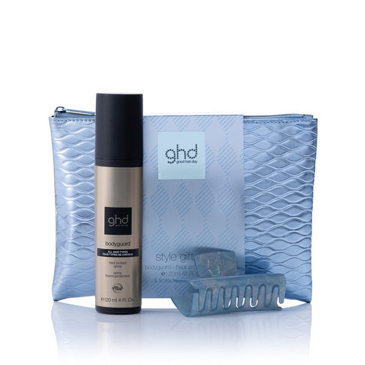 Coffret Luxe Style GHD Iced - Bodyguard 120 ml + trousse + pince à cheveux